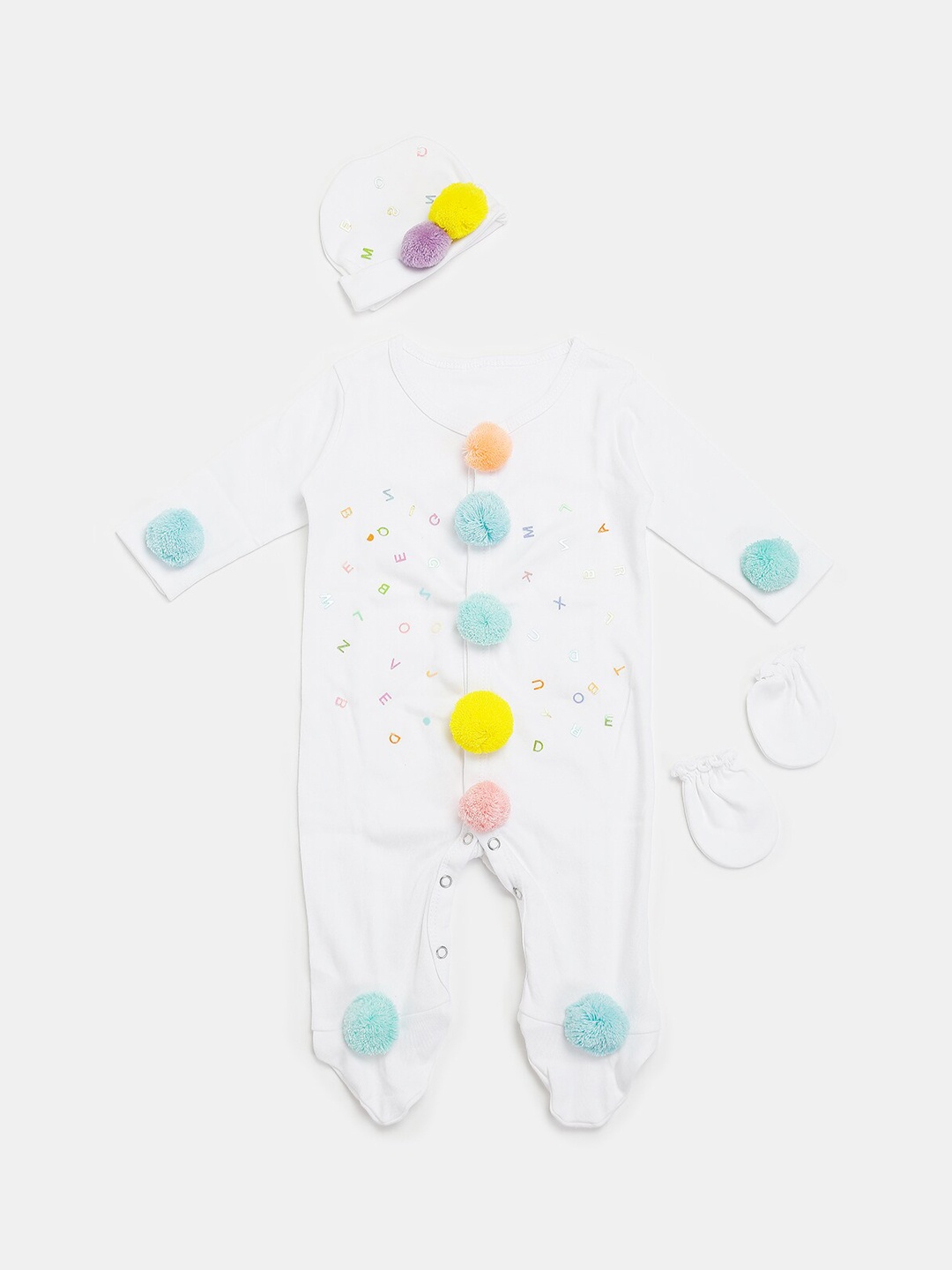 

TIPY TIPY TAP Kids 3 Pcs White & Yellow Typography Print Bodysuit Set with Pom Pom Detail