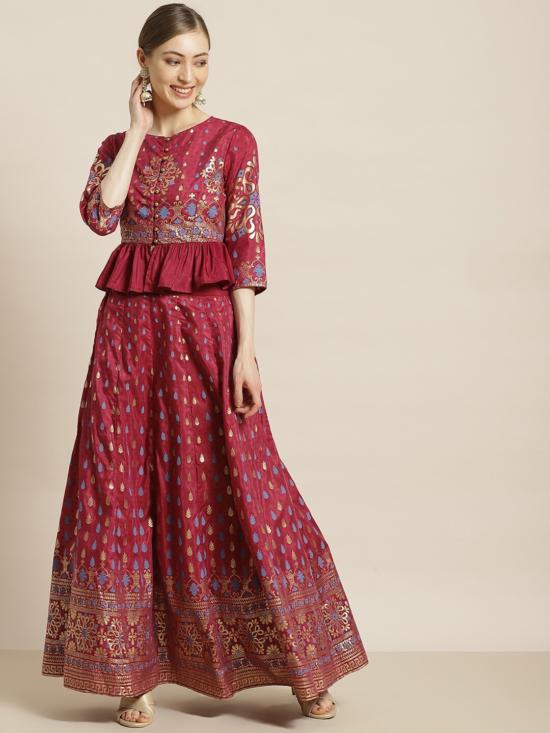 

Juniper Burgundy & Gold-Toned Printed Foil Print Ready to Wear Lehenga Choli