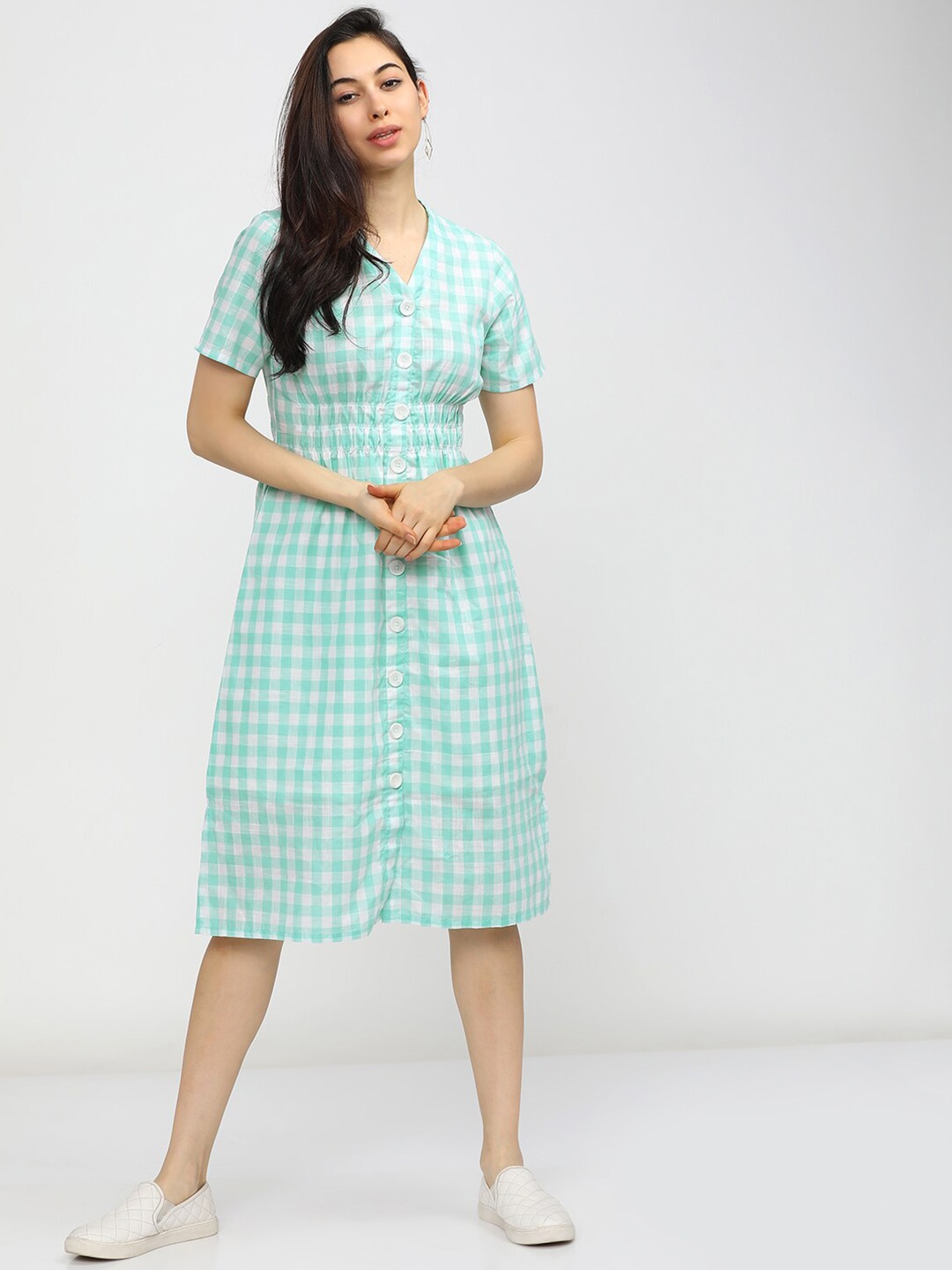 

Vishudh Green & White Checked A-Line Dress