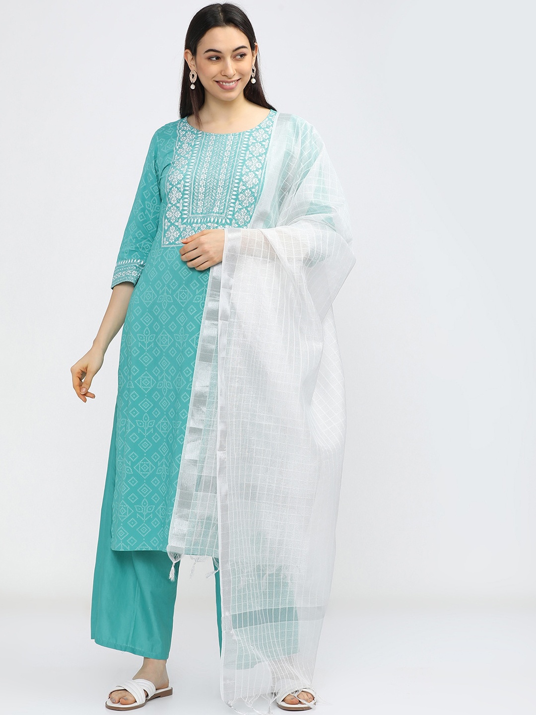 

Vishudh Women Turquoise Blue & Grey Printed Kurta With Trousers & Dupatta