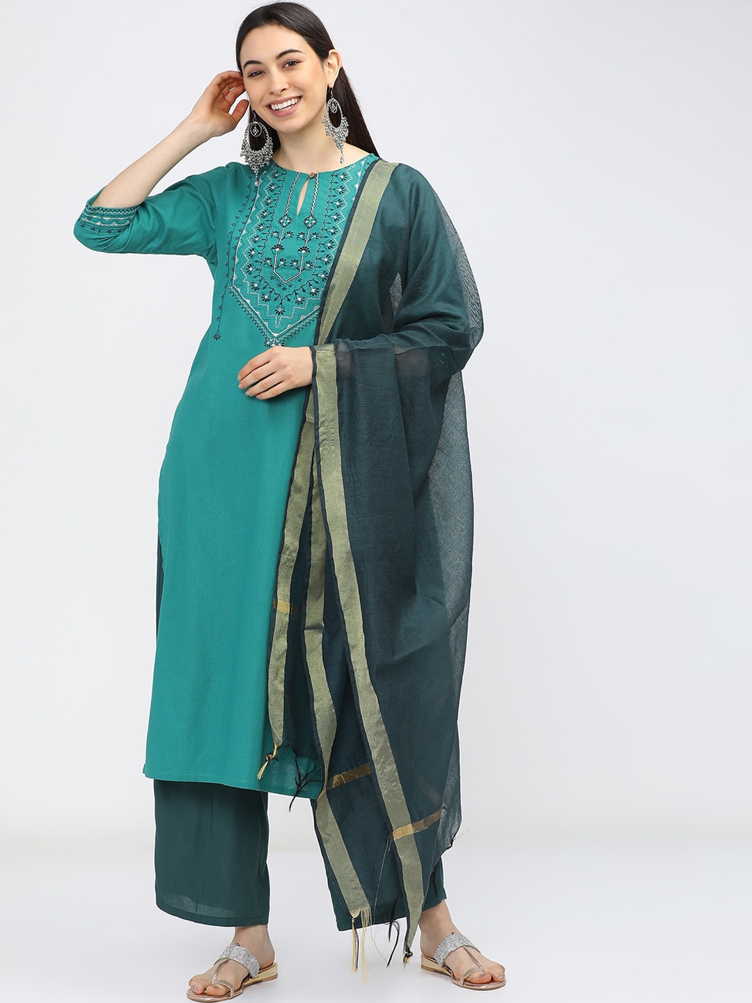 

Vishudh Women Teal Blue Floral Yoke Design Pure Cotton Kurta With Trousers & Dupatta