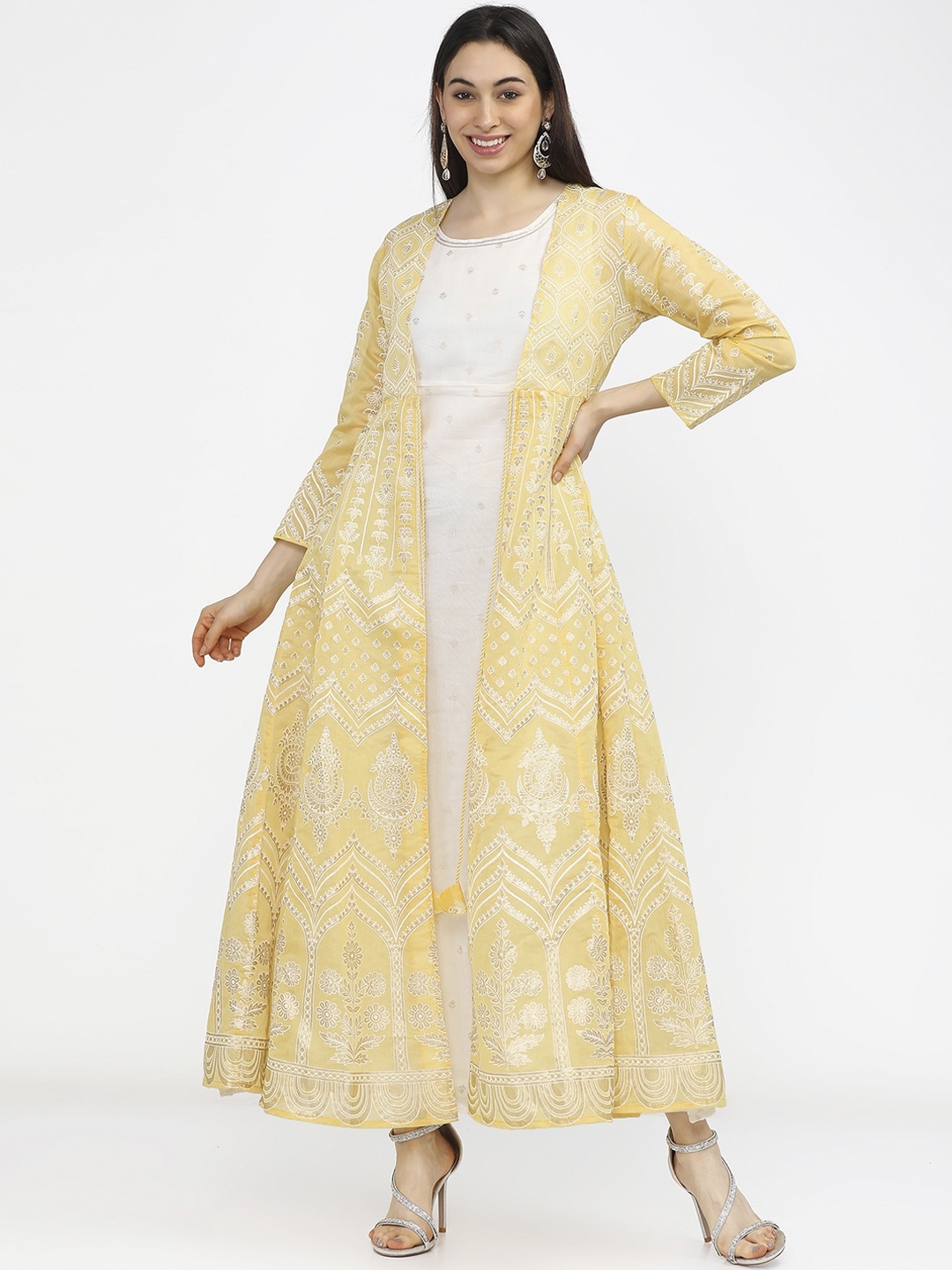 

Vishudh Woman Yellow Floral Longline Open Front Jacket
