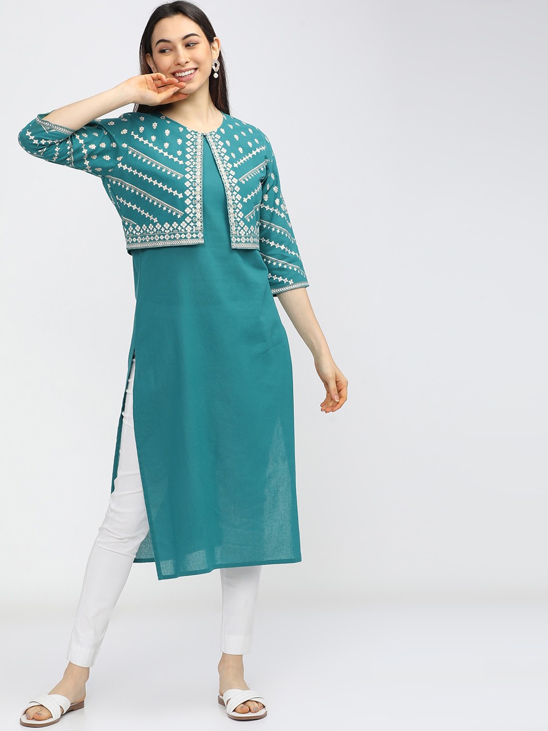 

Vishudh Women Blue Solid Kurta With Printed Jacket