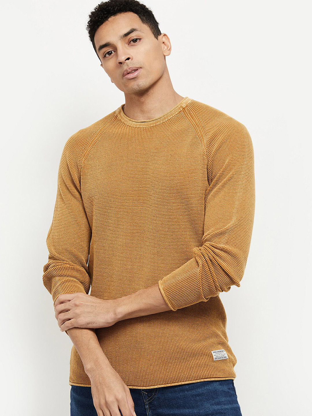 

max Men Mustard Cable Knit Pullover