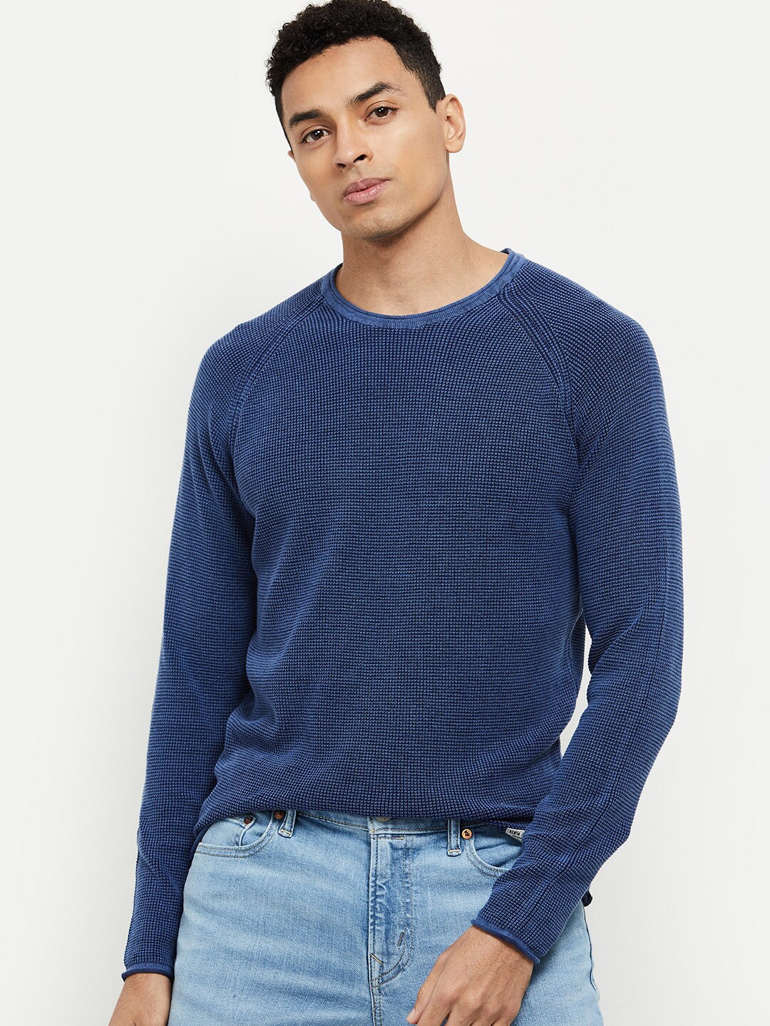 

max Men Navy Blue Open Knit Pure Cotton Pullover
