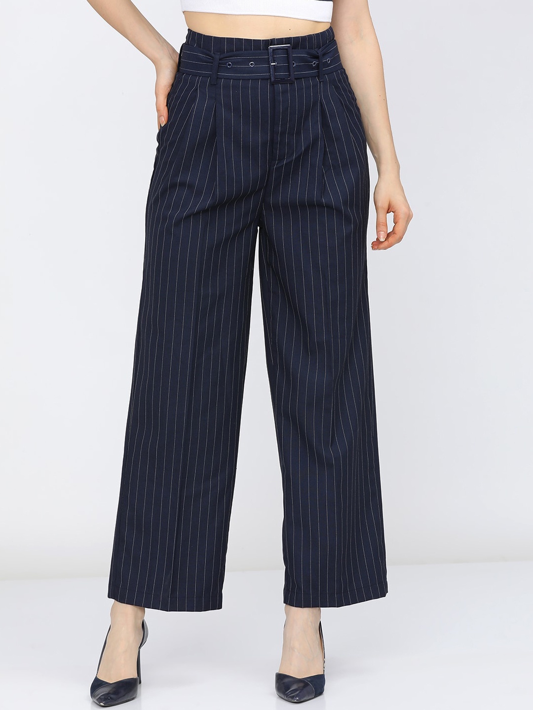 

Tokyo Talkies Women Navy Blue Striped Pleated Trousers