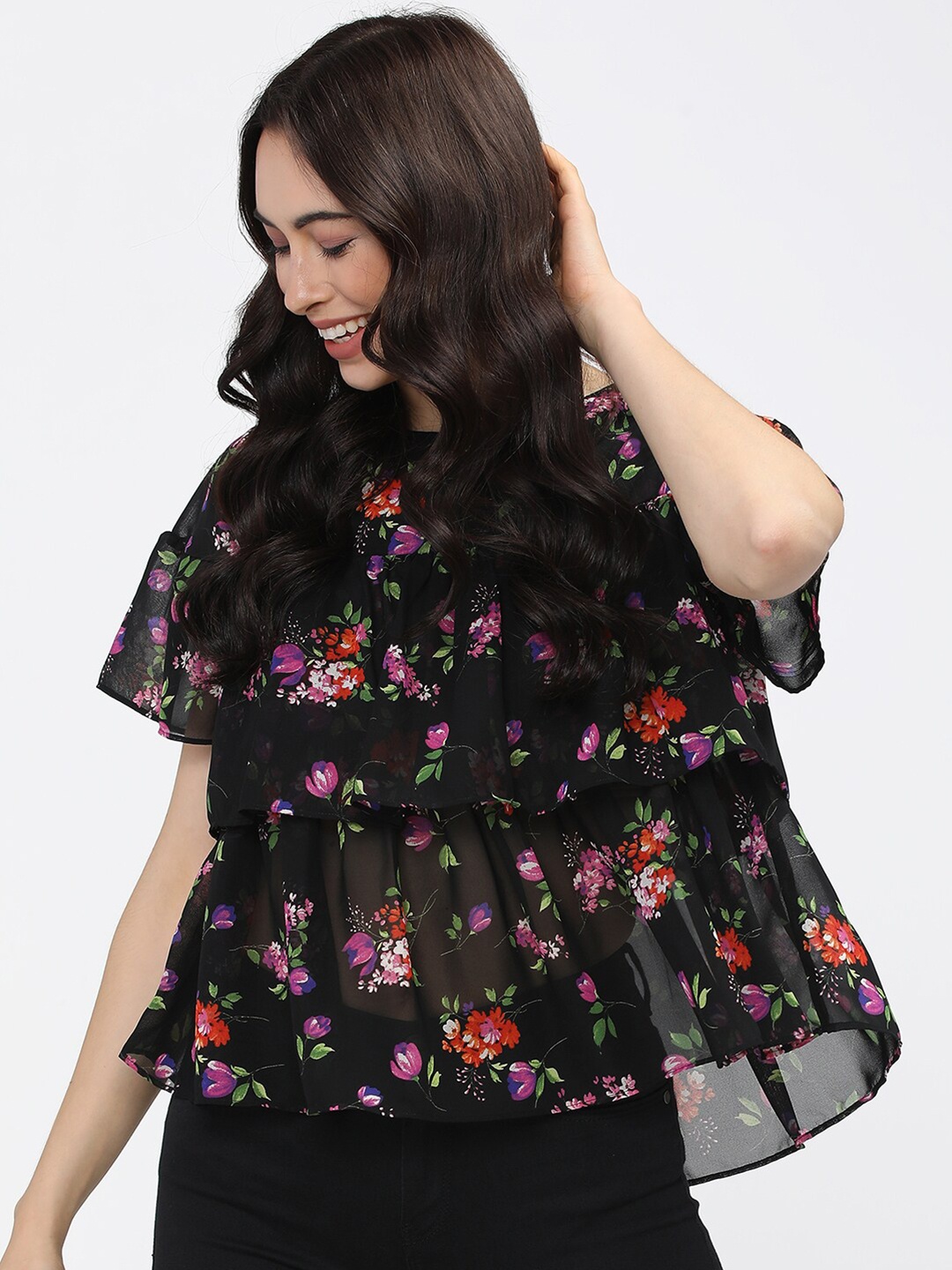 

Tokyo Talkies Black & chinese black Floral Print Tiered Top