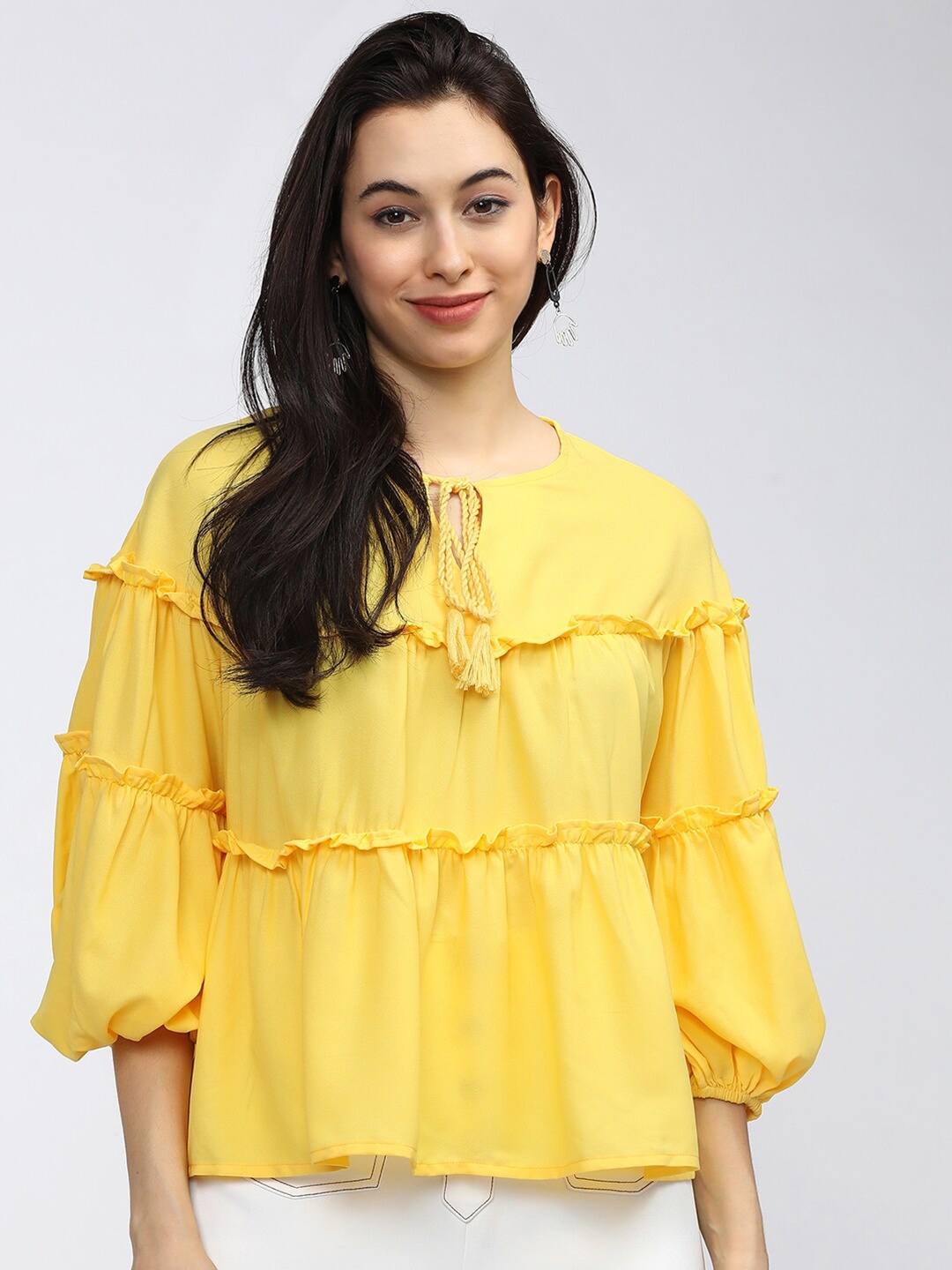 

Tokyo Talkies Yellow & naples yellow Tie-Up Neck Tiered Top