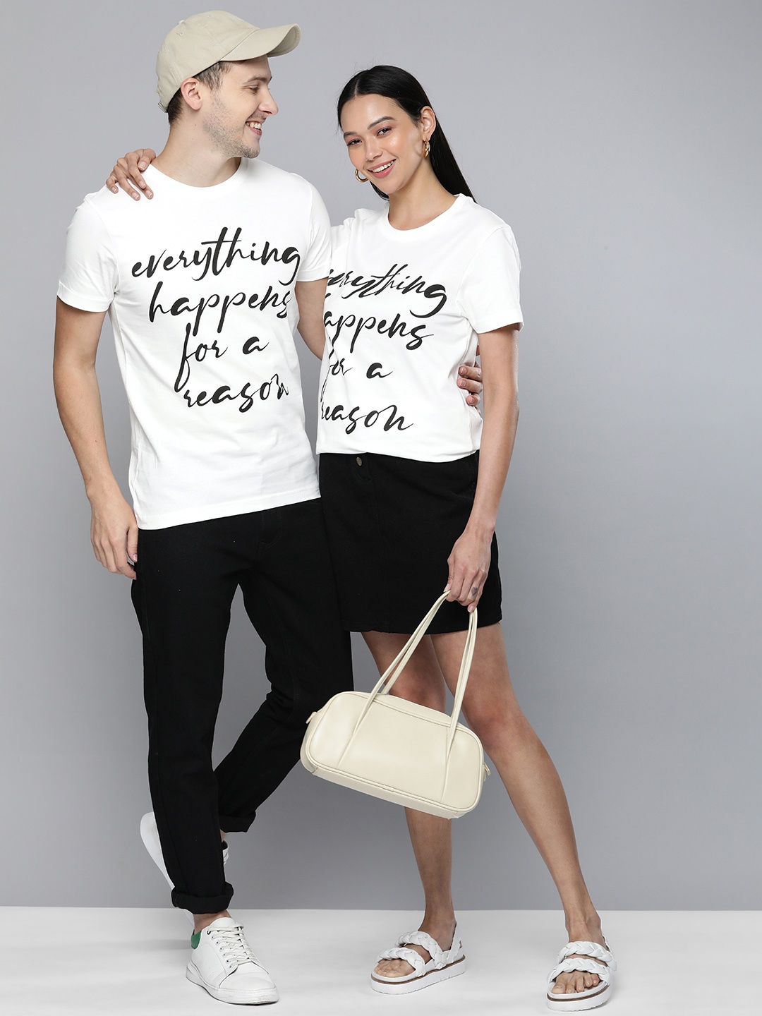 

HERE&NOW Unisex White Typography Printed Pure Cotton Slim Fit T-shirt