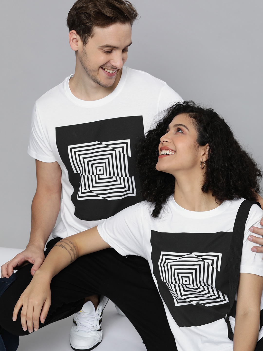 

HERE&NOW Unisex White & Black Graphic Printed Pure Cotton T-shirt