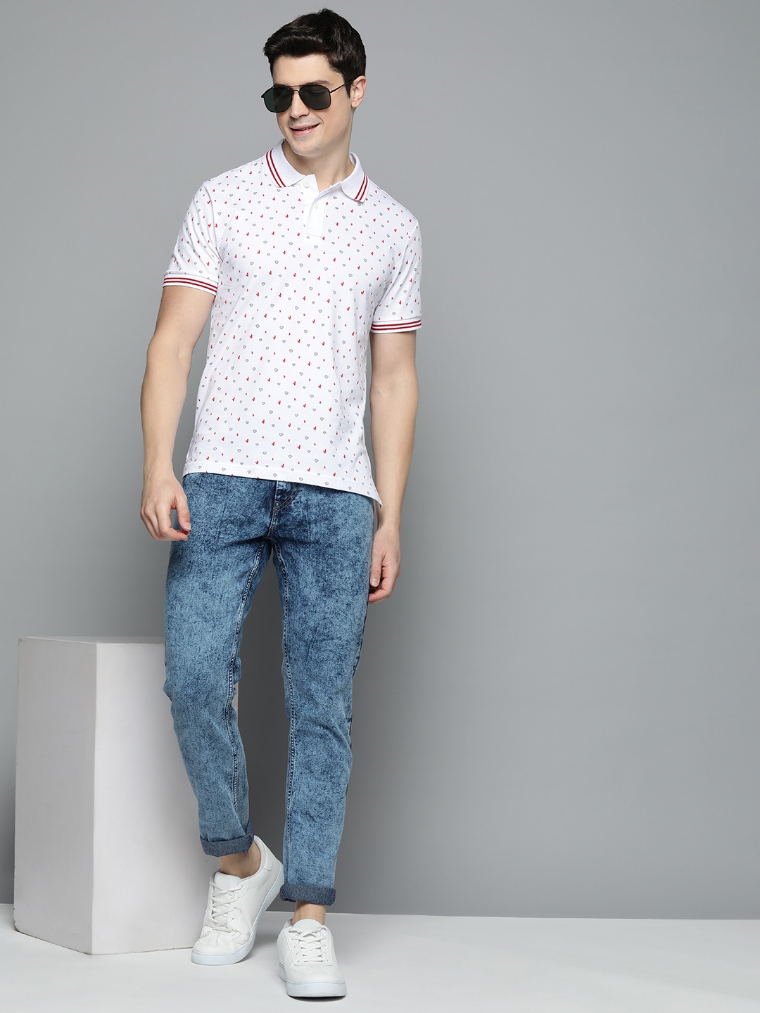 

HERE&NOW Men Printed Polo Collar Pure Cotton T-shirt, White