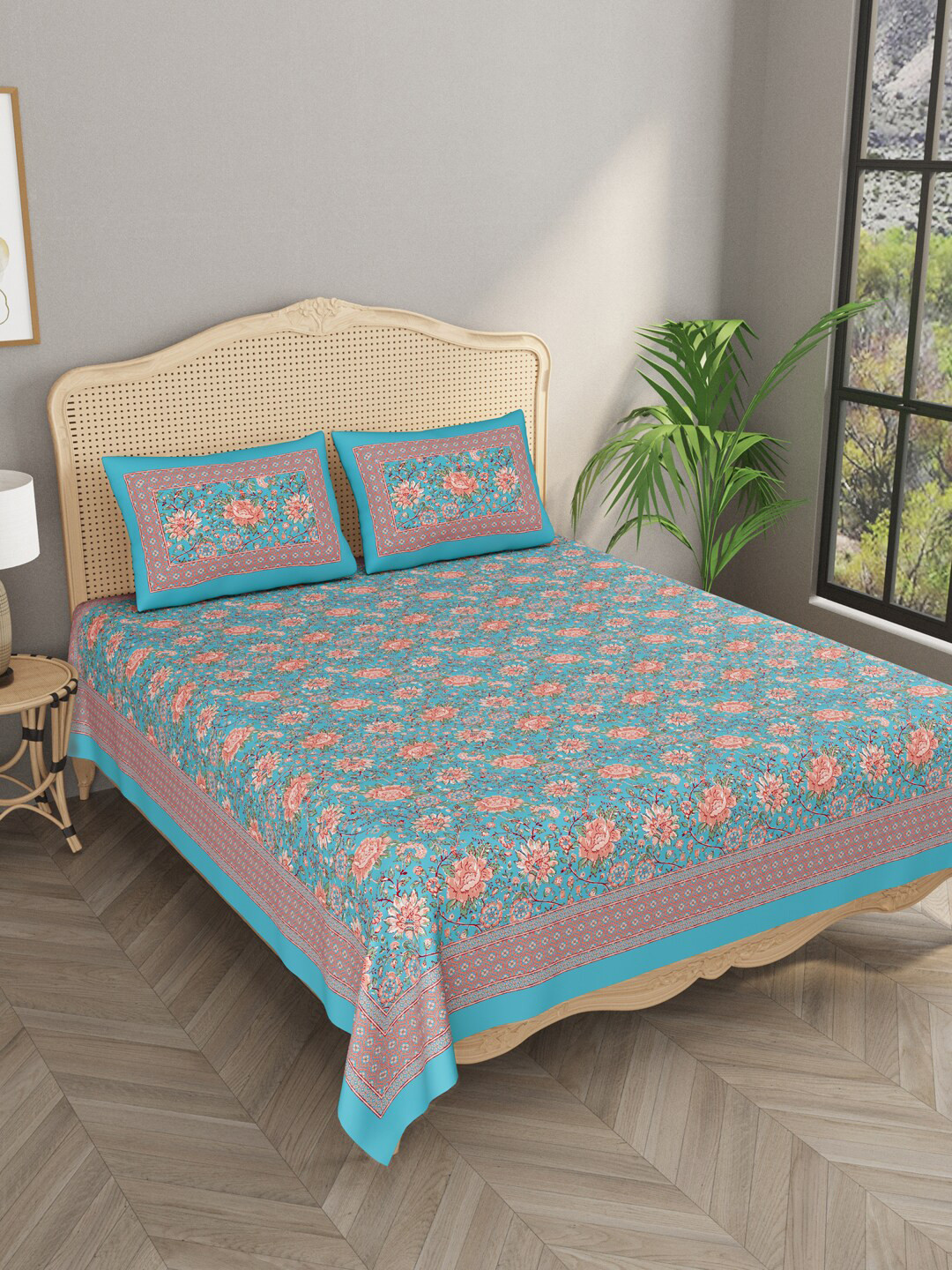 

Gulaab Jaipur Sea Green & Pink Floral 400 TC Cotton King Bedsheet with 2 Pillow Covers