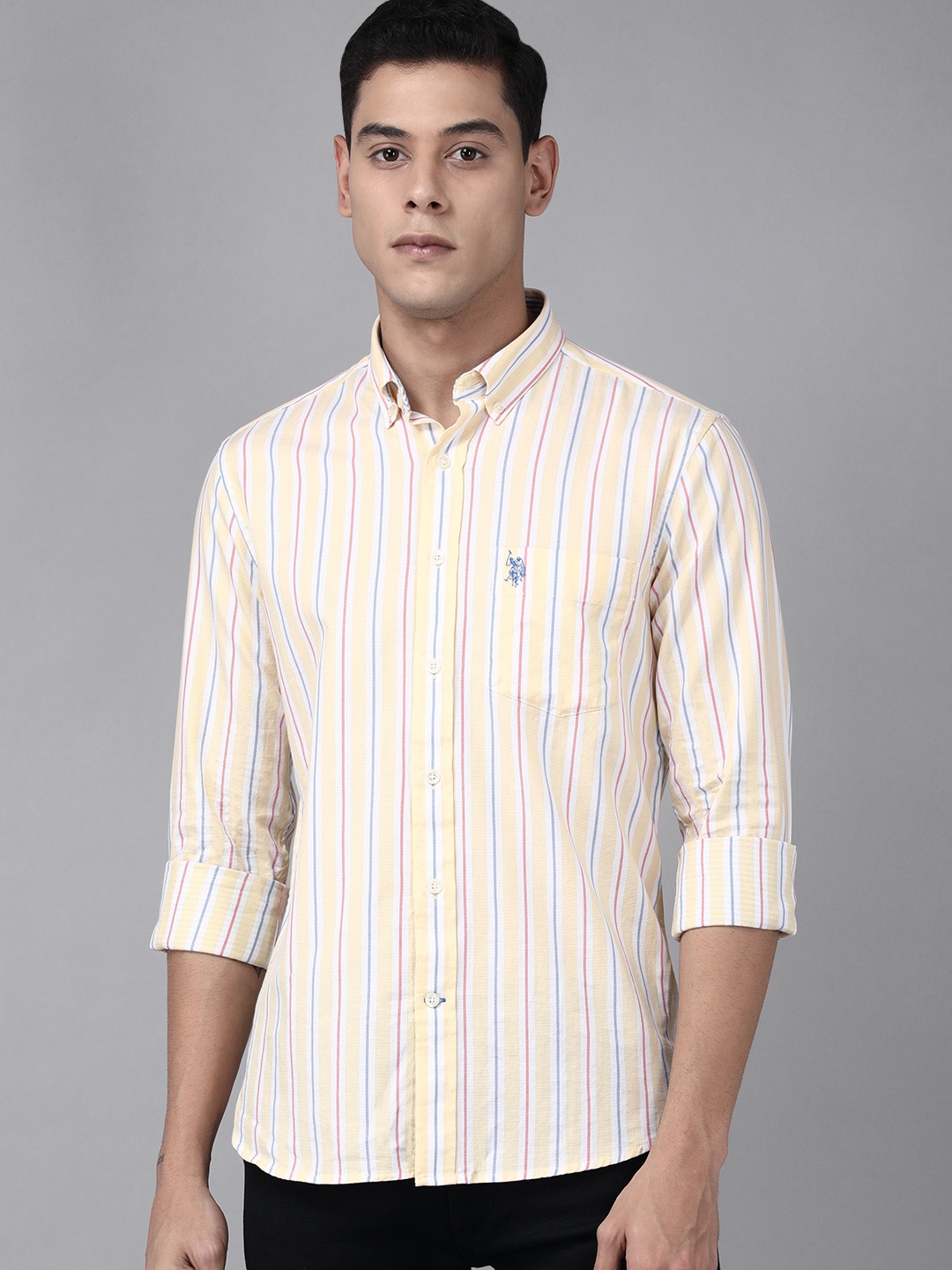 

U.S. Polo Assn. Men Yellow & Blue Striped Tailored Fit Pure Cotton Casual Shirt