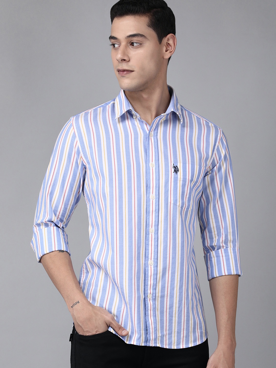 

U.S. Polo Assn. Men Blue & White Striped Tailored Fit Pure Cotton Casual Shirt