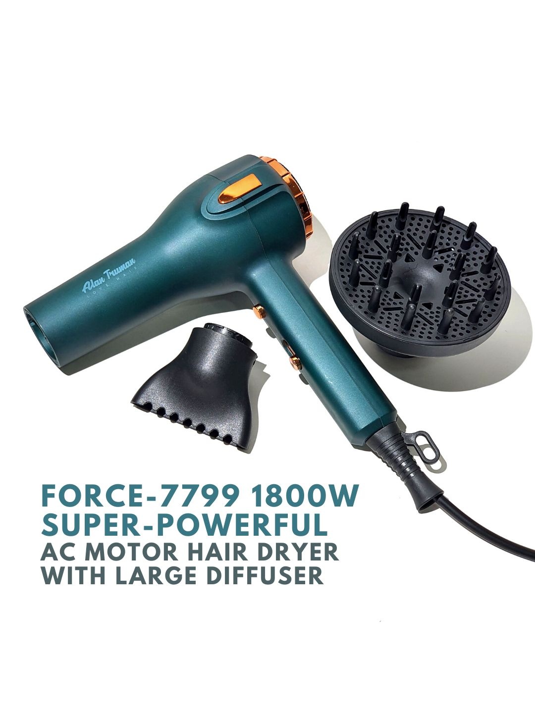 

Alan Truman Force 7799 - 1800W Powerful AC Motor Hair Dryer & Large Diffuser- Jade Green