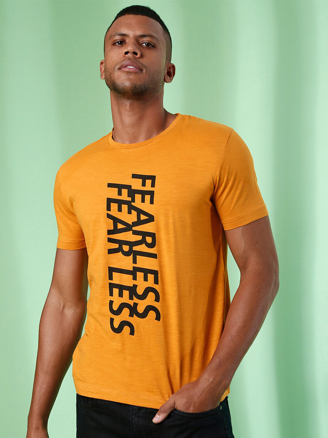 

Campus Sutra Men Mustard Yellow Typography Printed Outdoor T-shirt