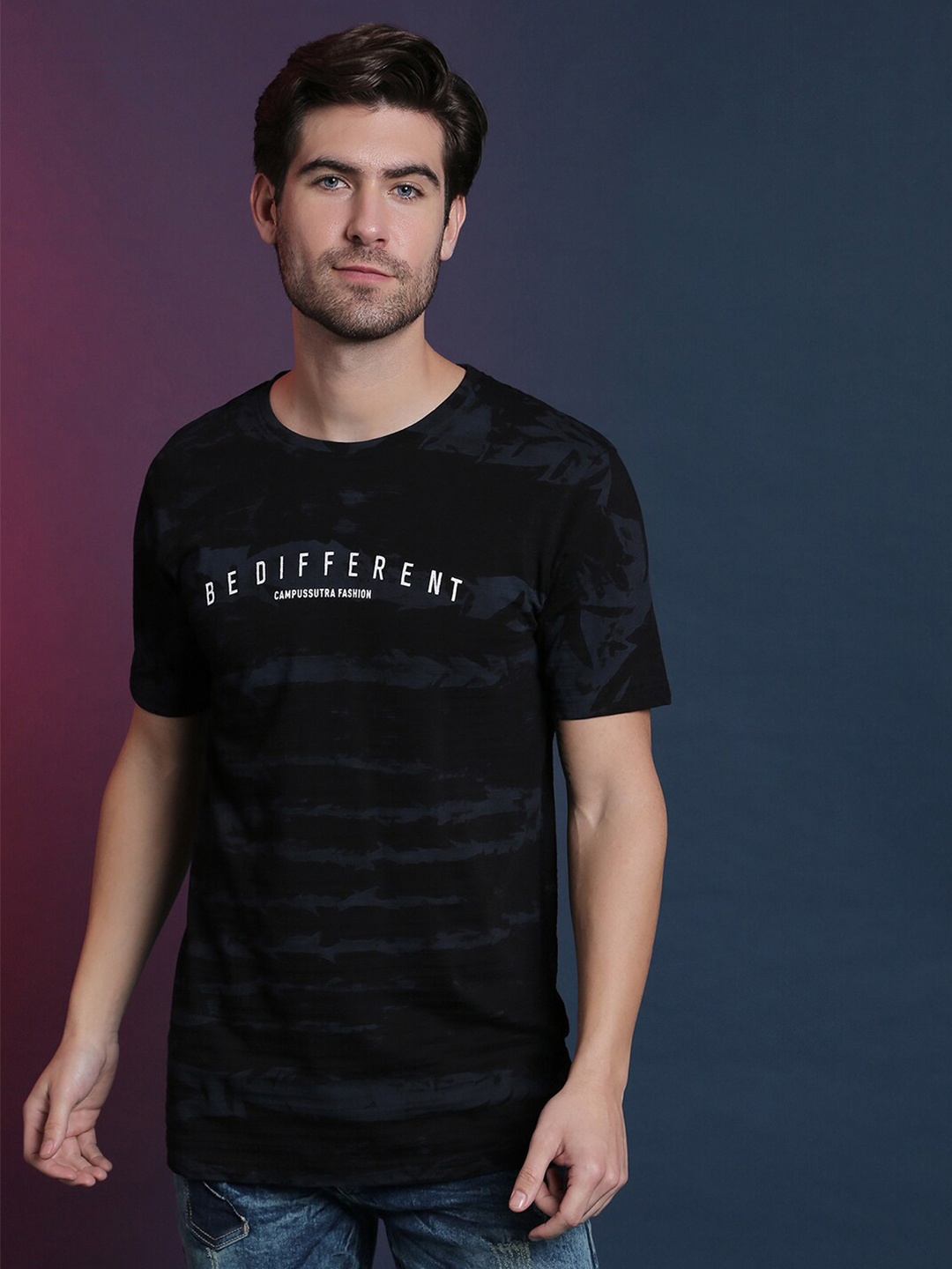 

Campus Sutra Men Black Typography Printed V-Neck Pockets Outdoor T-shirt