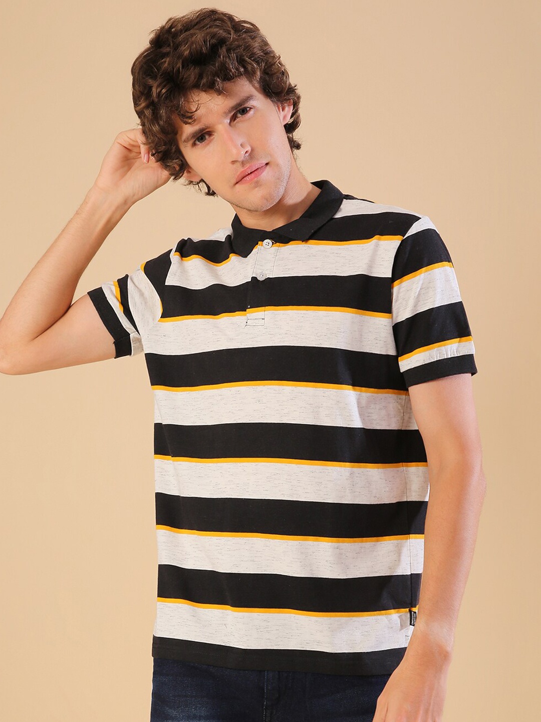 

Campus Sutra Men Off White Striped Polo Collar Pockets Outdoor T-shirt