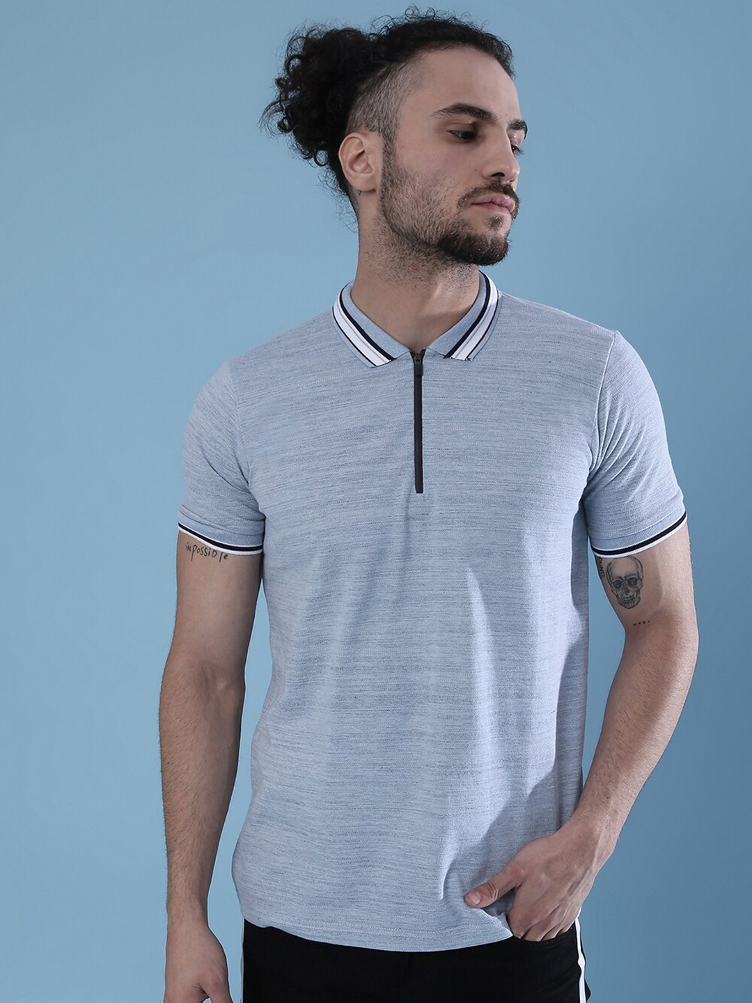 

Campus Sutra Men Blue Striped Mandarin Collar Monochrome Pockets Outdoor T-shirt