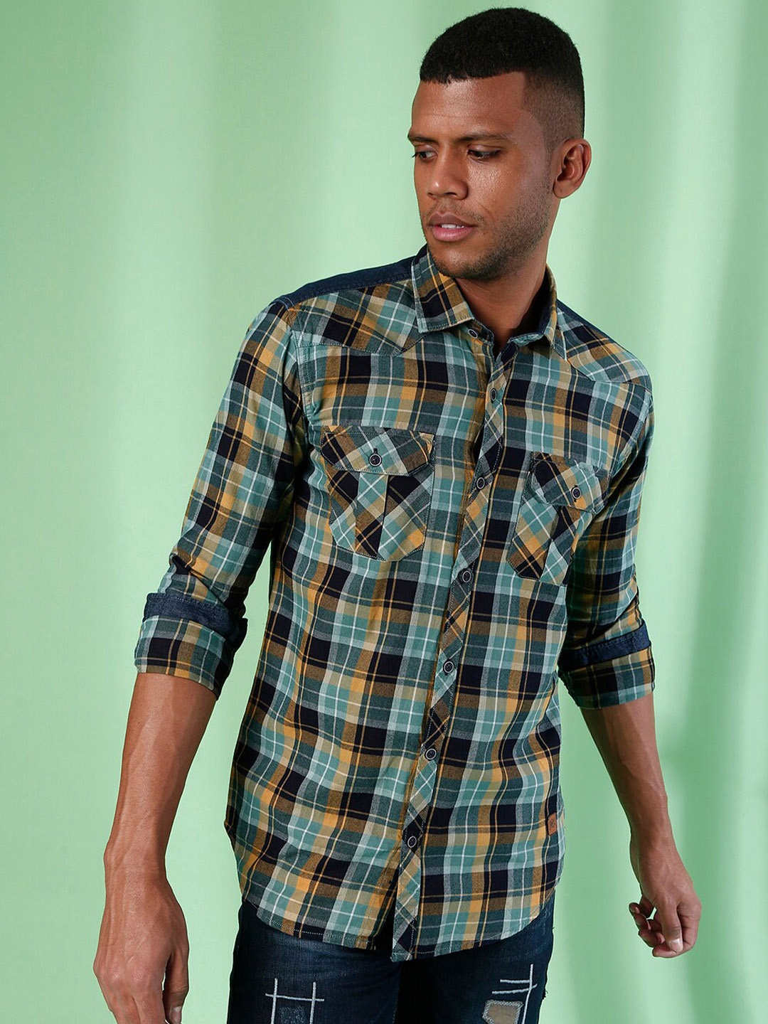 

Campus Sutra Men Green Classic Tartan Checks Checked Casual Shirt