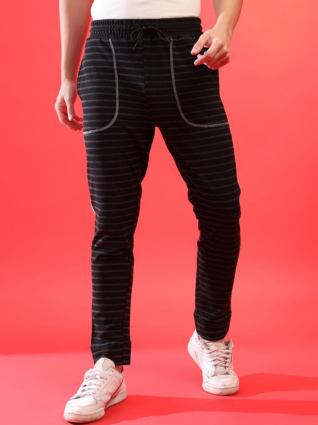 

Campus Sutra Men Charcoal Black & Grey Striped Cotton Joggers
