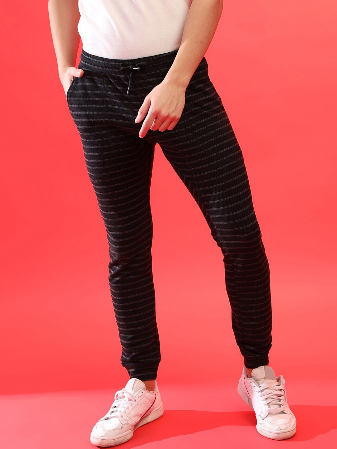 

Campus Sutra Men Black & Grey Striped Cotton Joggers