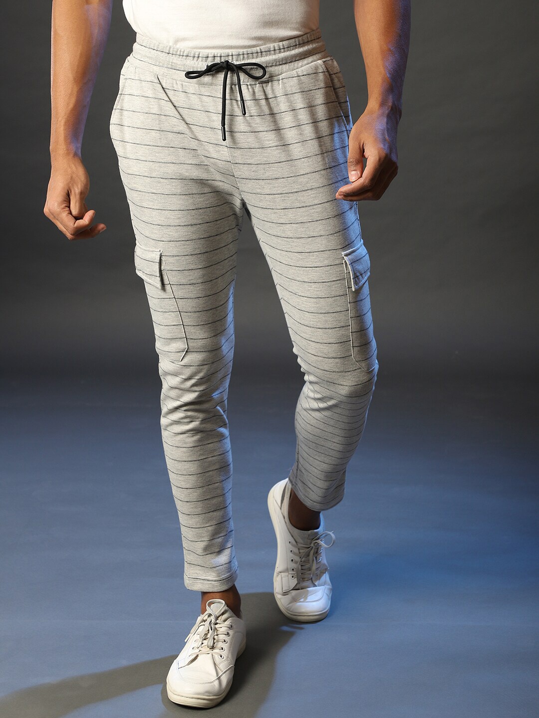 

Campus Sutra Men Grey & Black Striped Cotton Track Pants