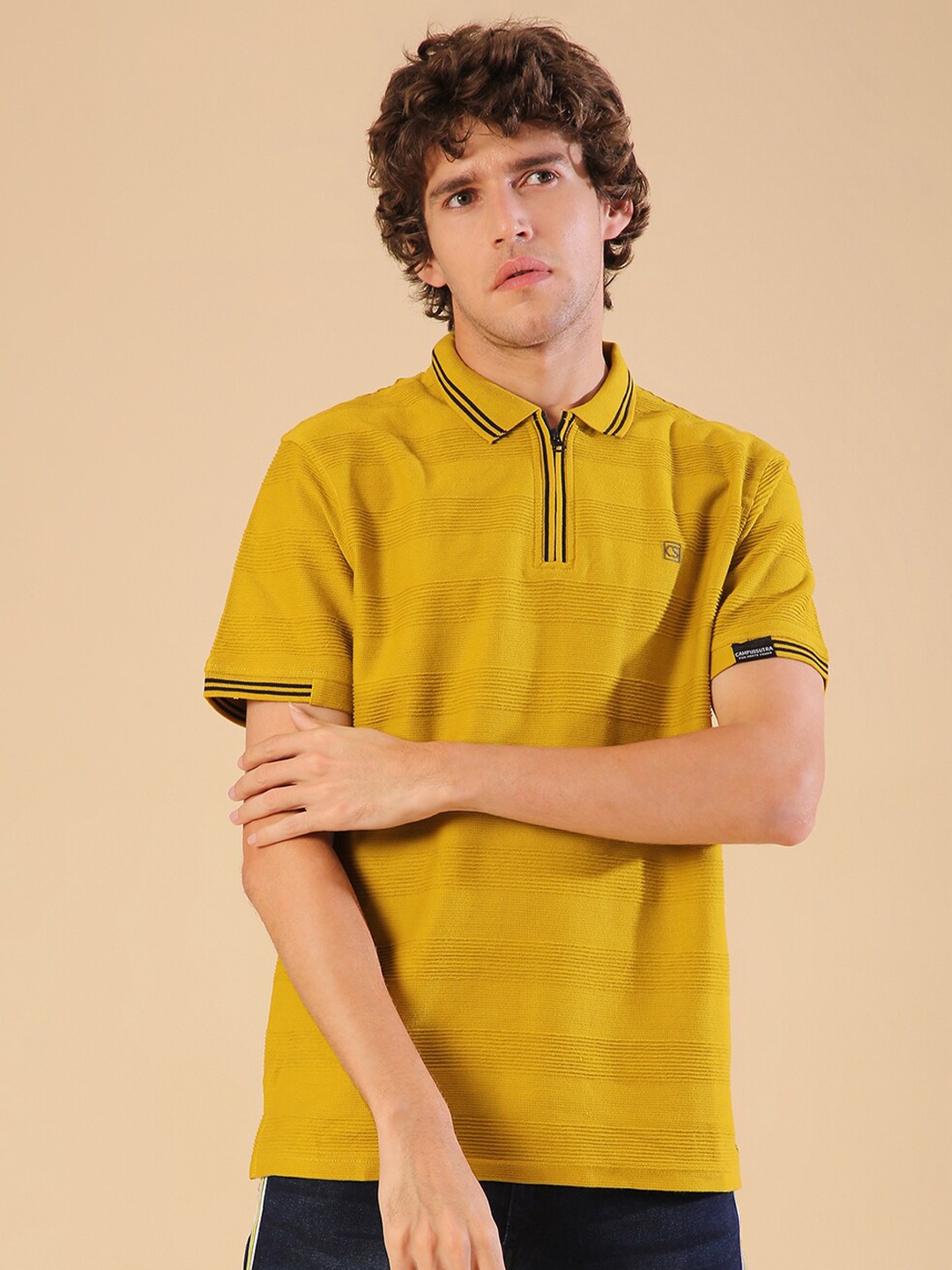 

Campus Sutra Men Mustard Yellow Polo Collar Pockets Outdoor T-shirt