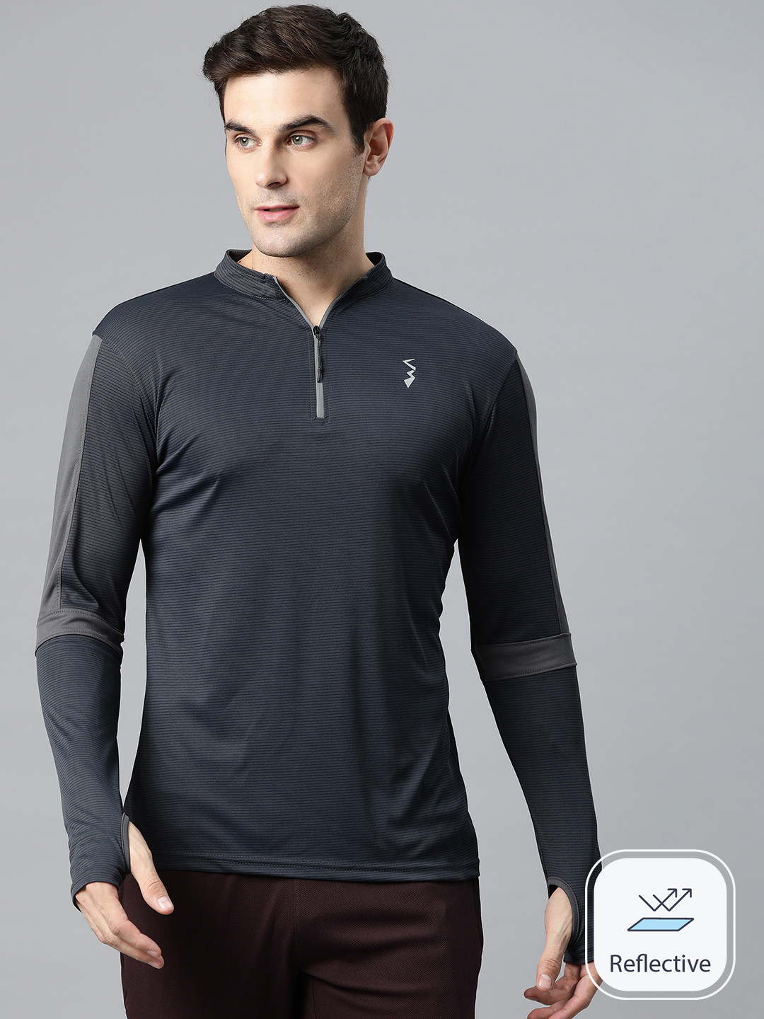 

Campus Sutra Striped Half Zipper Long Sleeve T-shirt, Charcoal