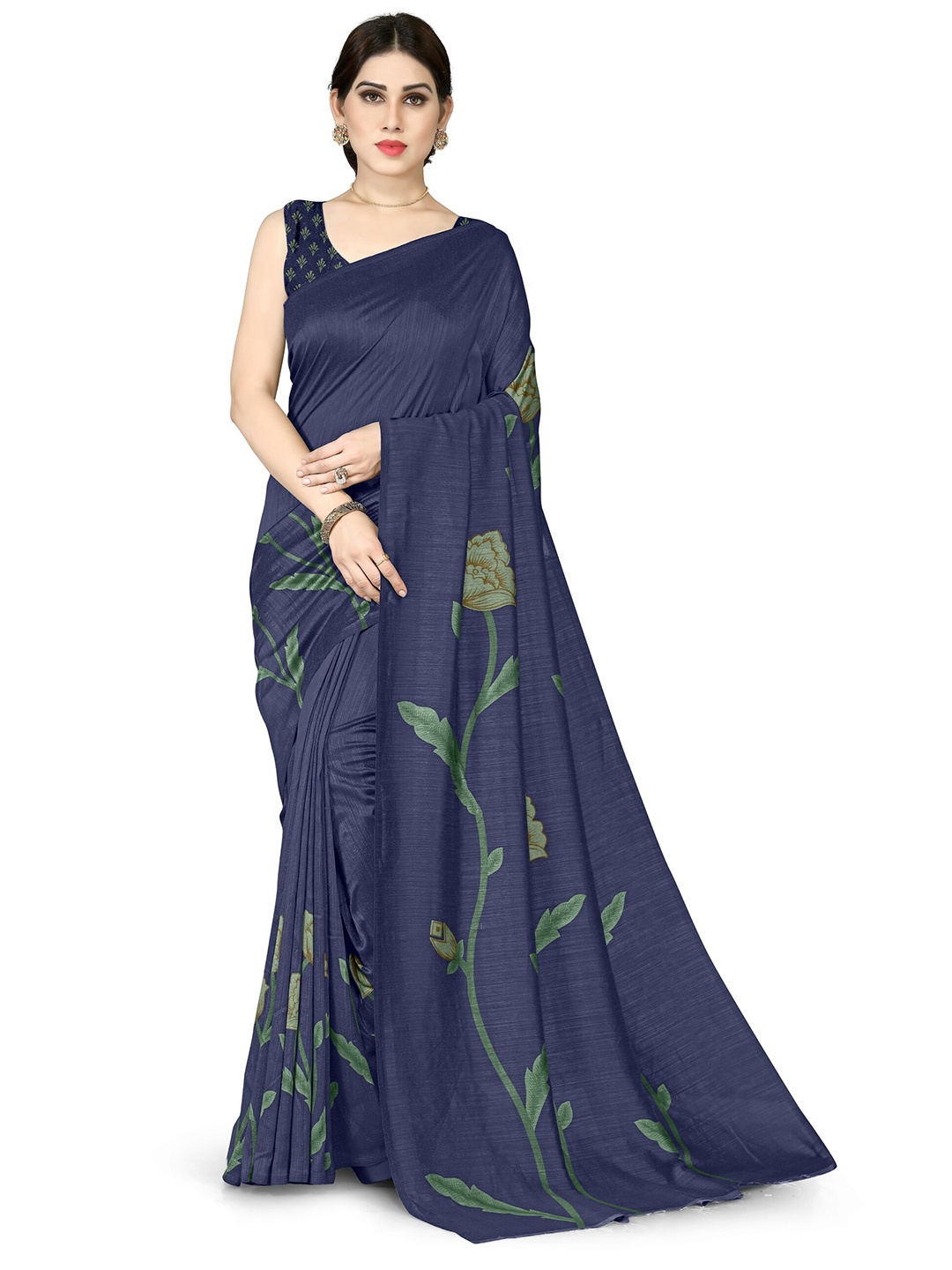 

KALINI Navy Blue & Green Floral Silk Blend Bagh Saree