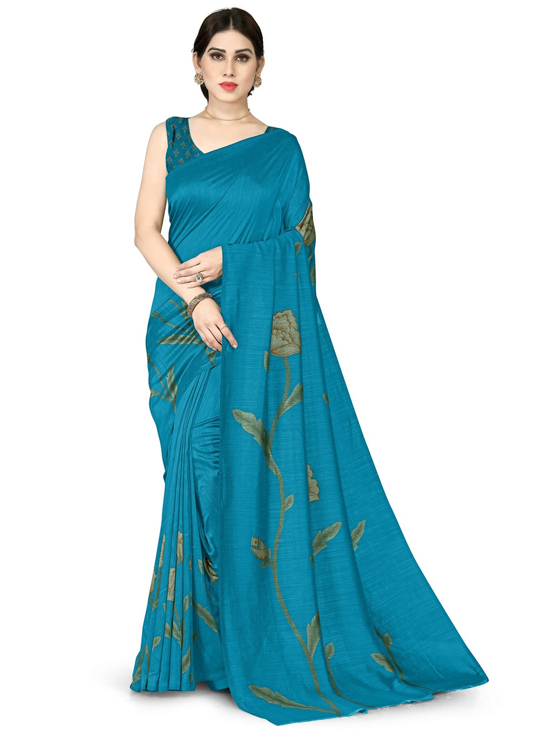 

KALINI Women Turquoise Blue Floral Printed Silk Blend Saree