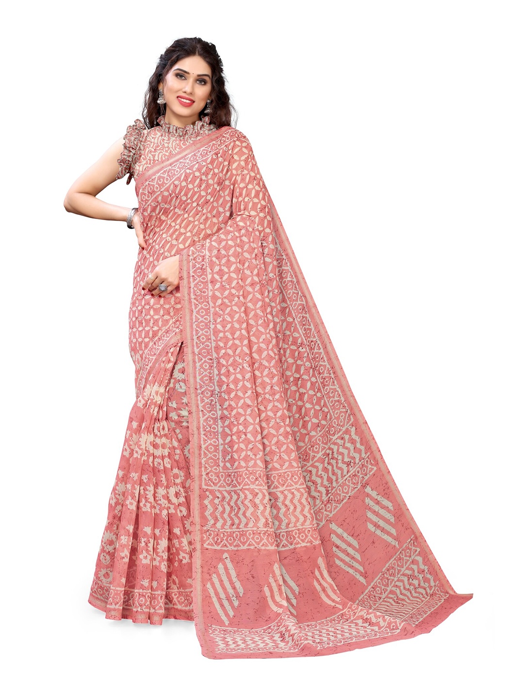 

KALINI Peach-Coloured & White Floral Printed Zari Designer Saree
