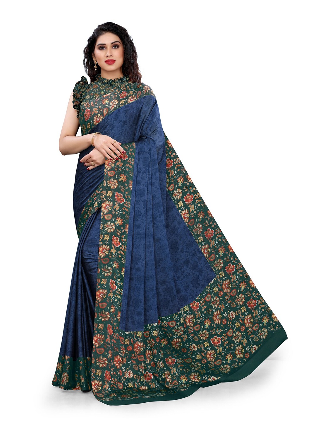 

KALINI Navy Blue & Green Floral Printed Bagh Saree