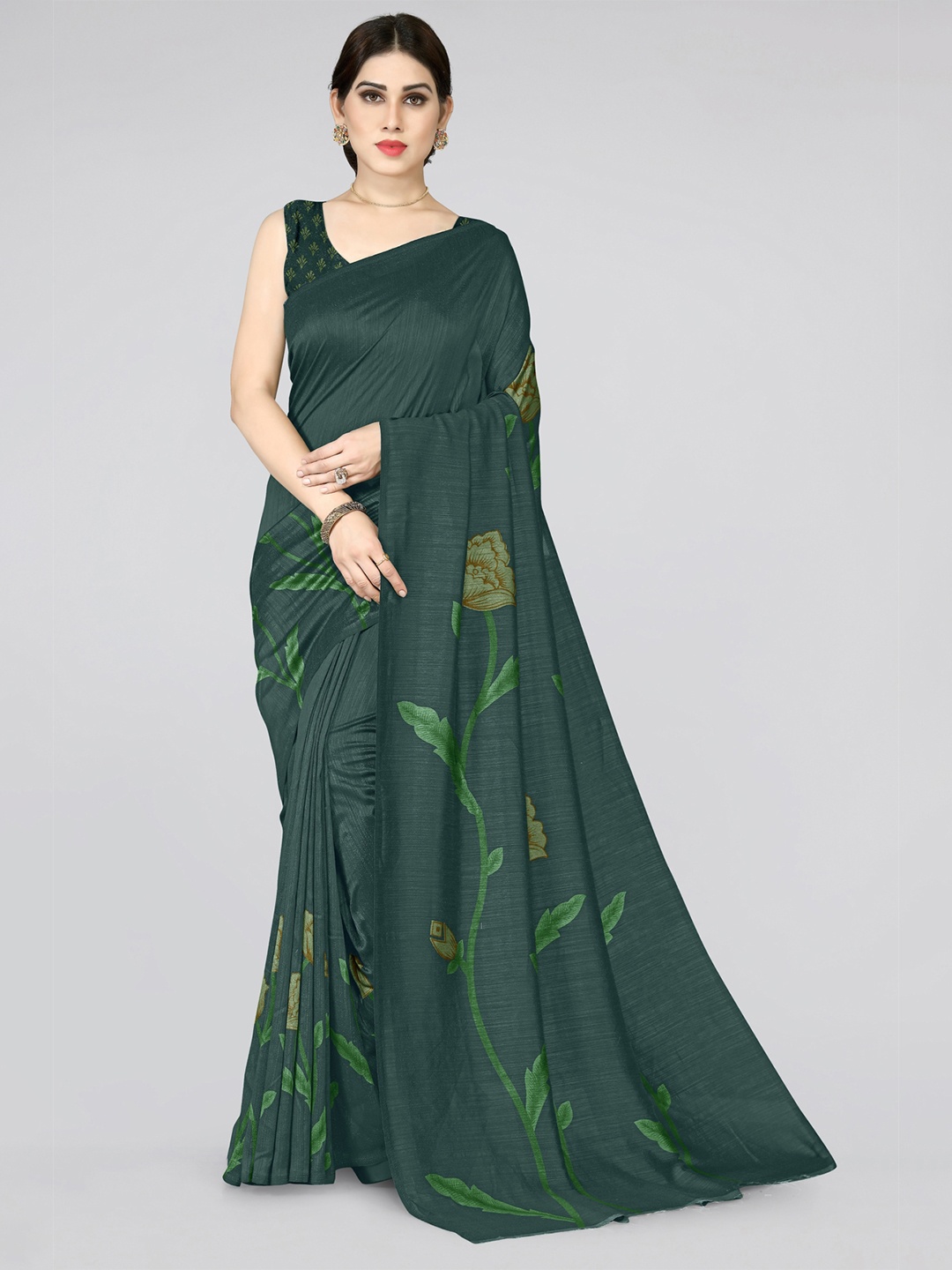 

KALINI Green Floral Printed Silk Blend Saree