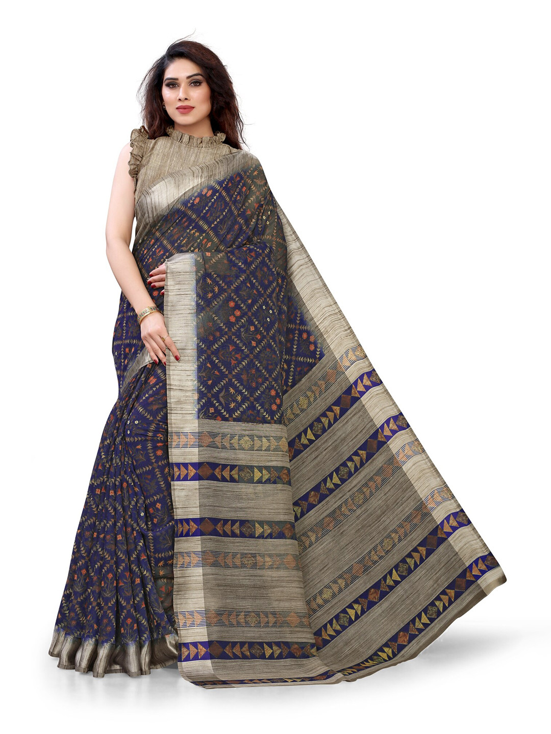 

KALINI Navy Blue & Orange Printed Saree
