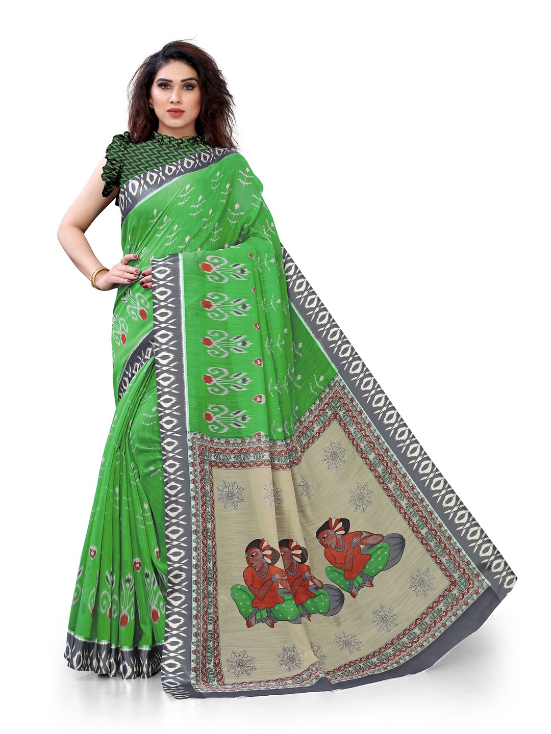 

KALINI Green Ethnic Motifs Printed Polycotton Saree