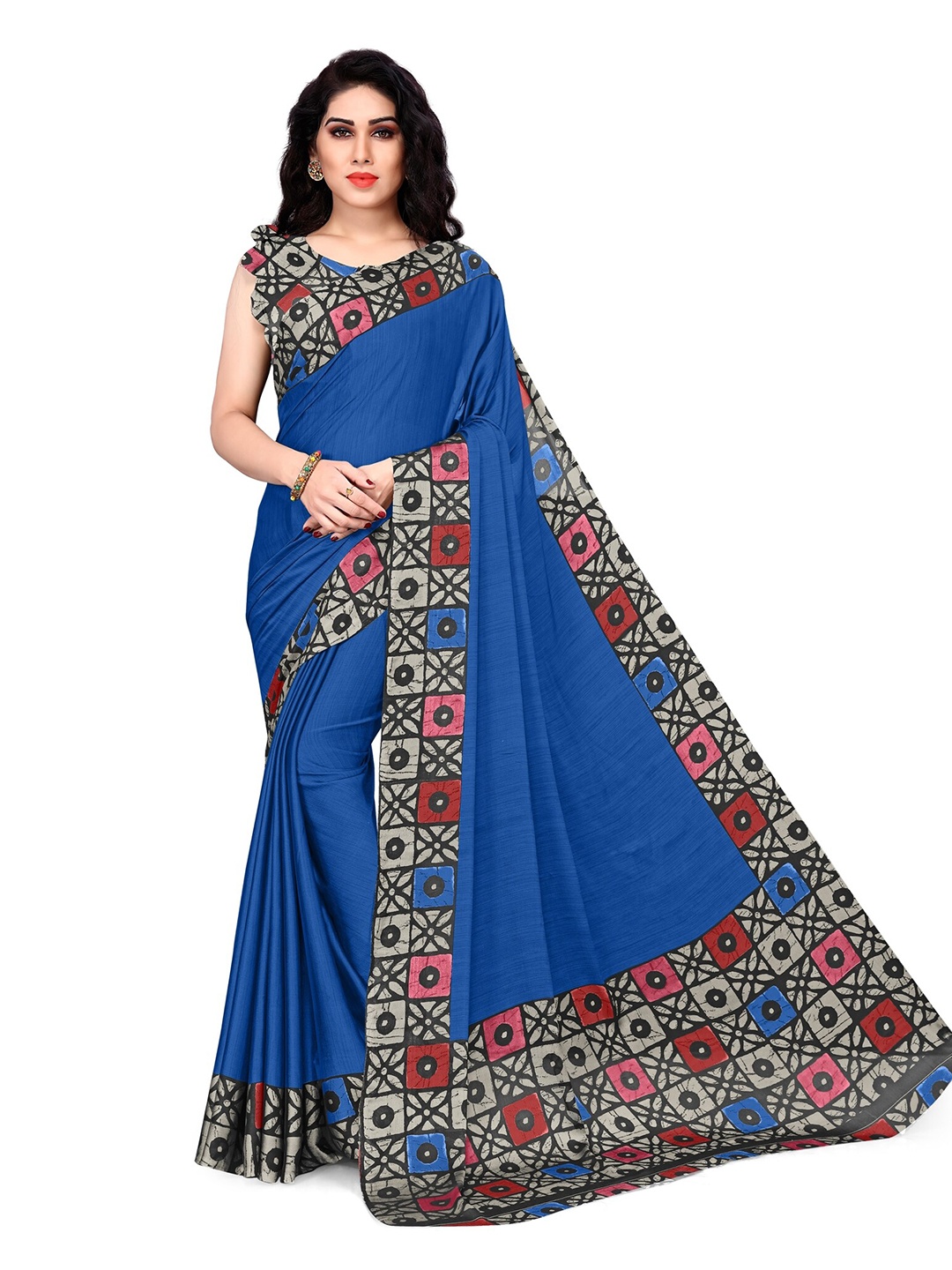 

KALINI Blue Geometric Printed Poly Chiffon Saree