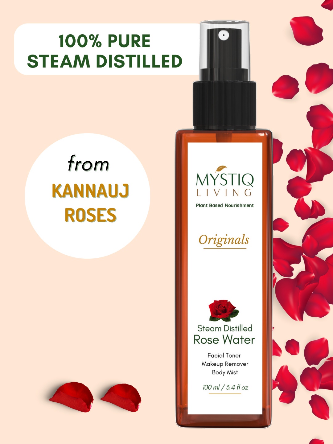 

MYSTIQ LIVING Rose Water Face Toner cum Make Up Remover & Body Mist - 100ml, Na