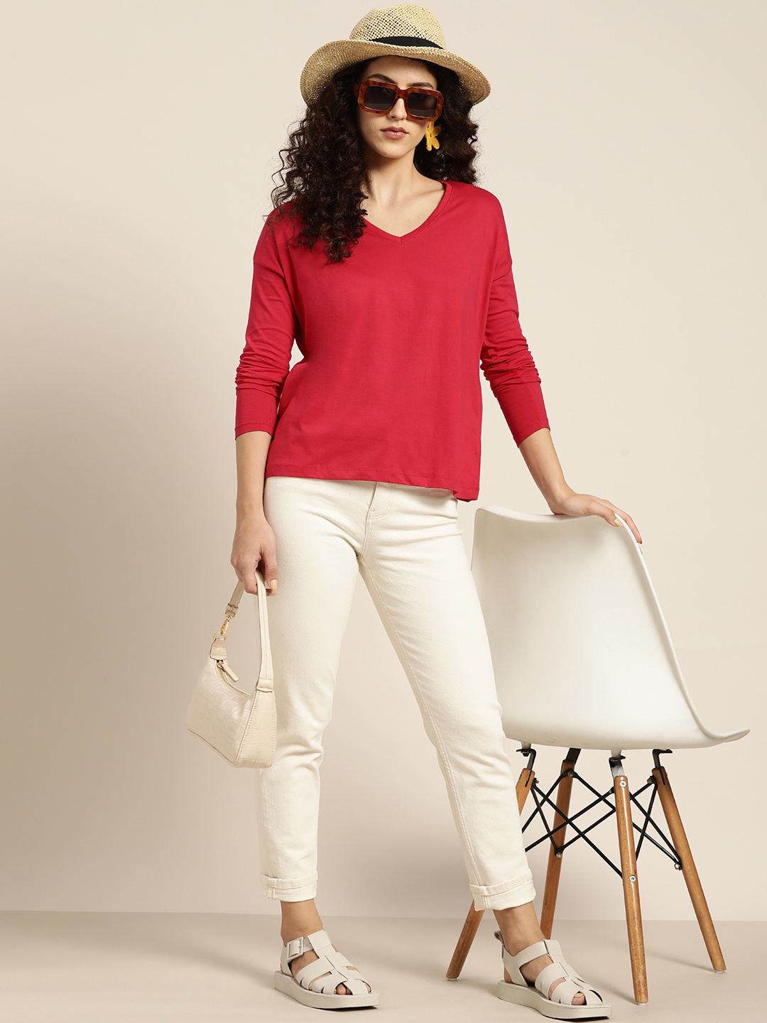 

Moda Rapido Women Red V-Neck Drop-Shoulder Sleeves Pure Cotton T-shirt