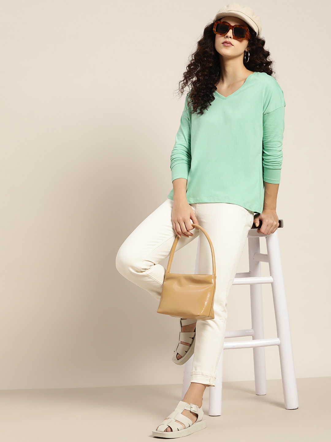 

Moda Rapido Women Sea Green V-Neck Drop-Shoulder Sleeves Pure Cotton T-shirt