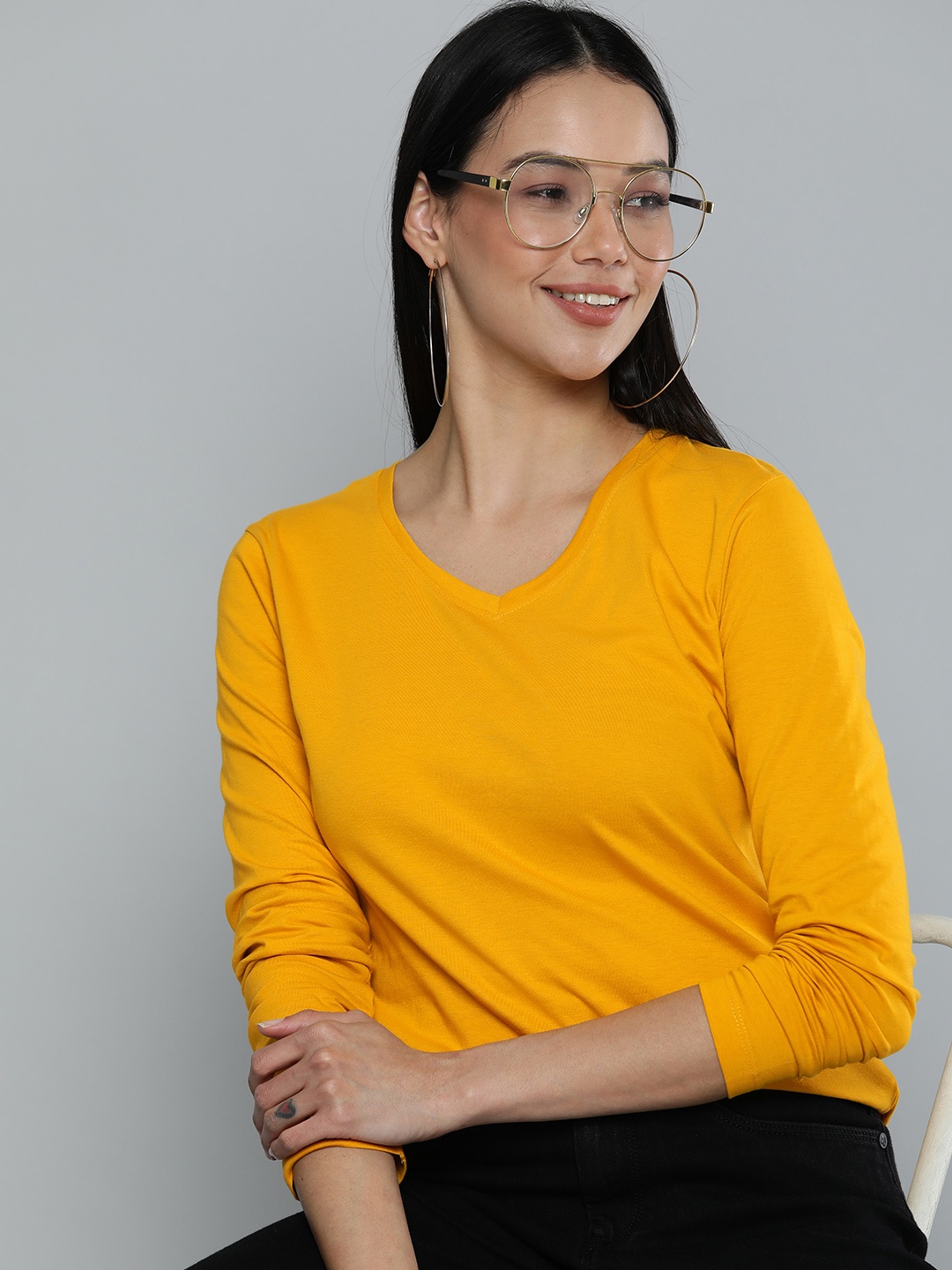 

HERE&NOW Women Mustard Yellow Solid V-Neck Pure Cotton T-shirt