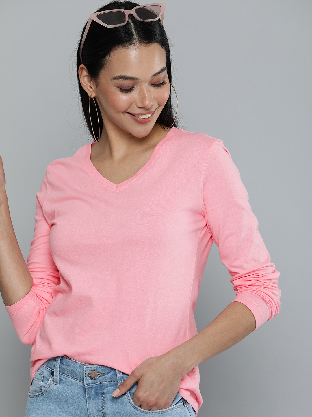 

HERE&NOW Women Pink Solid V-Neck Pure Cotton T-shirt