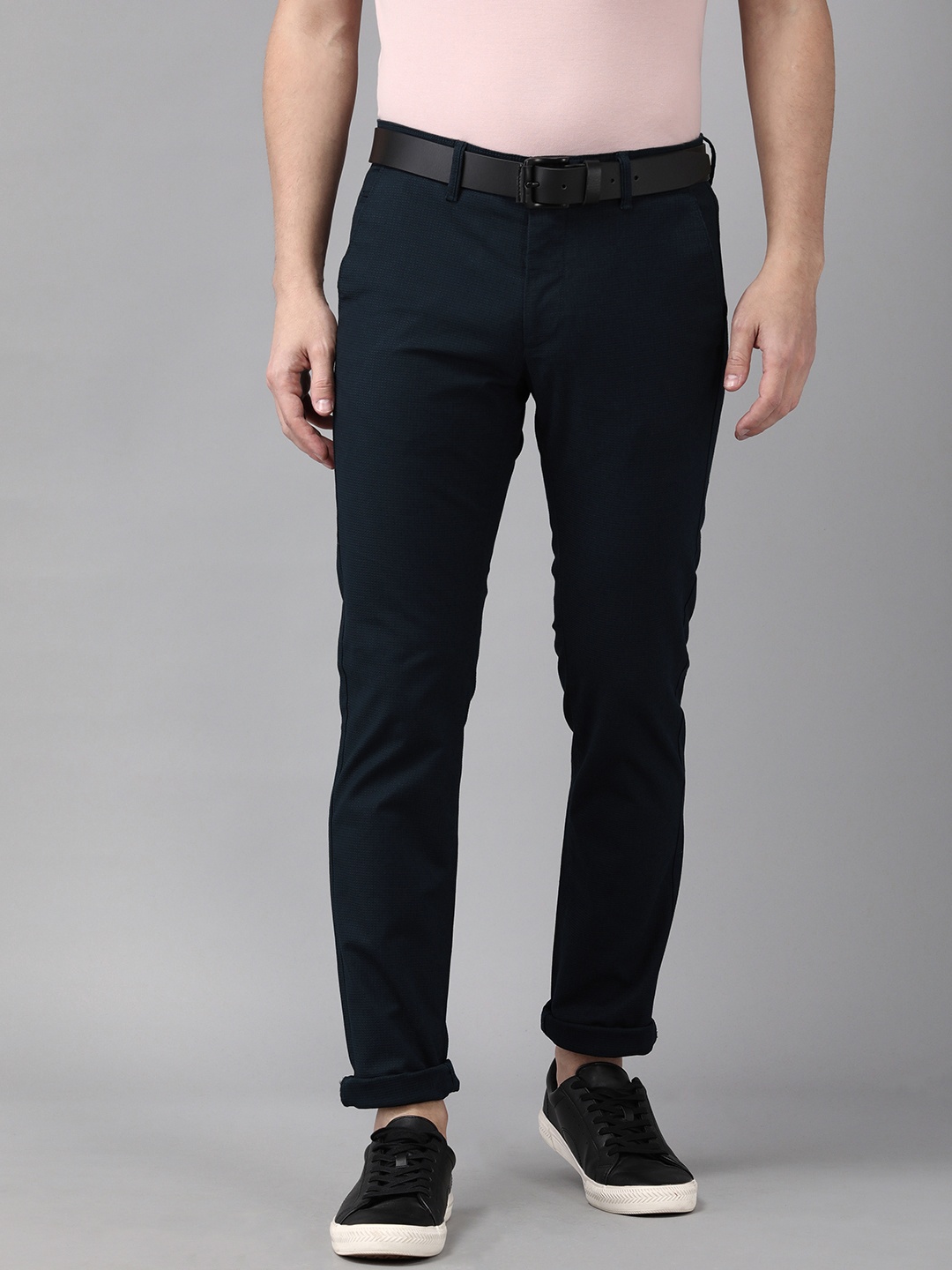 

Van Heusen Sport Men Navy Blue Textured Tapered Fit Low-Rise Trousers