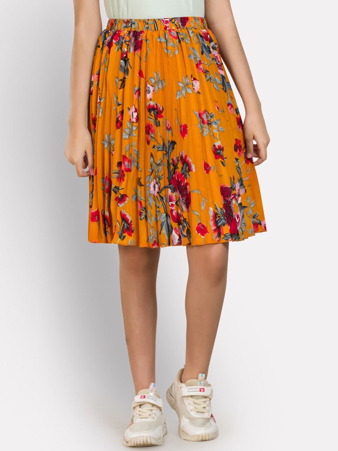 

Uptownie Lite Girls Yellow & Red Floral Printed Accordian Pleated Flared Knee Length Skirt