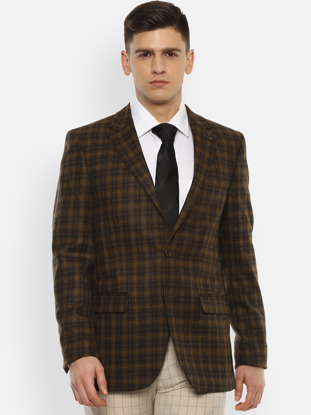 

Louis Philippe Men Brown & Black Checked Single-Breasted Pure Wool Formal Blazer