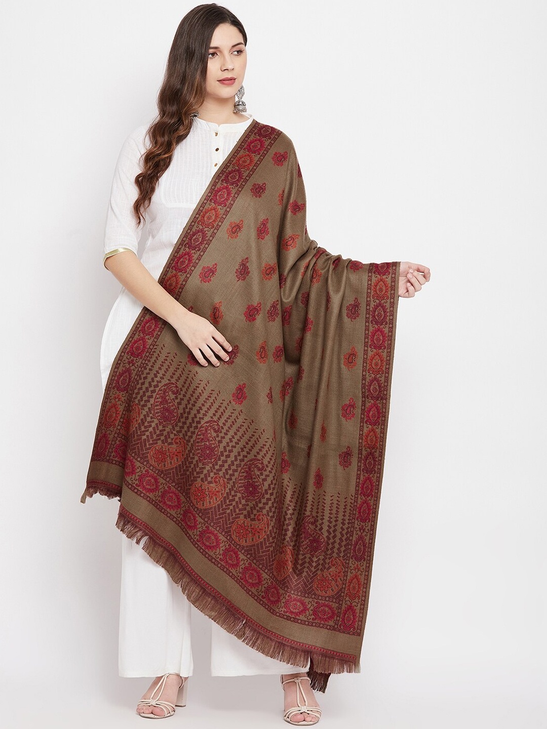 

VERO AMORE Woman Beige & Red Woven Design Shawl