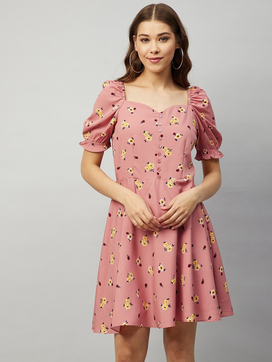 

Carlton London Peach-Coloured Floral Crepe A-Line Dress