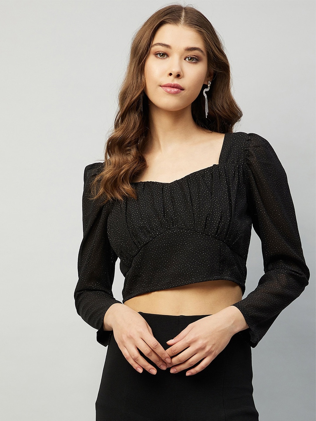 

Carlton London Black Print Sweetheart Neck Bishop Sleeves Georgette Crop Top