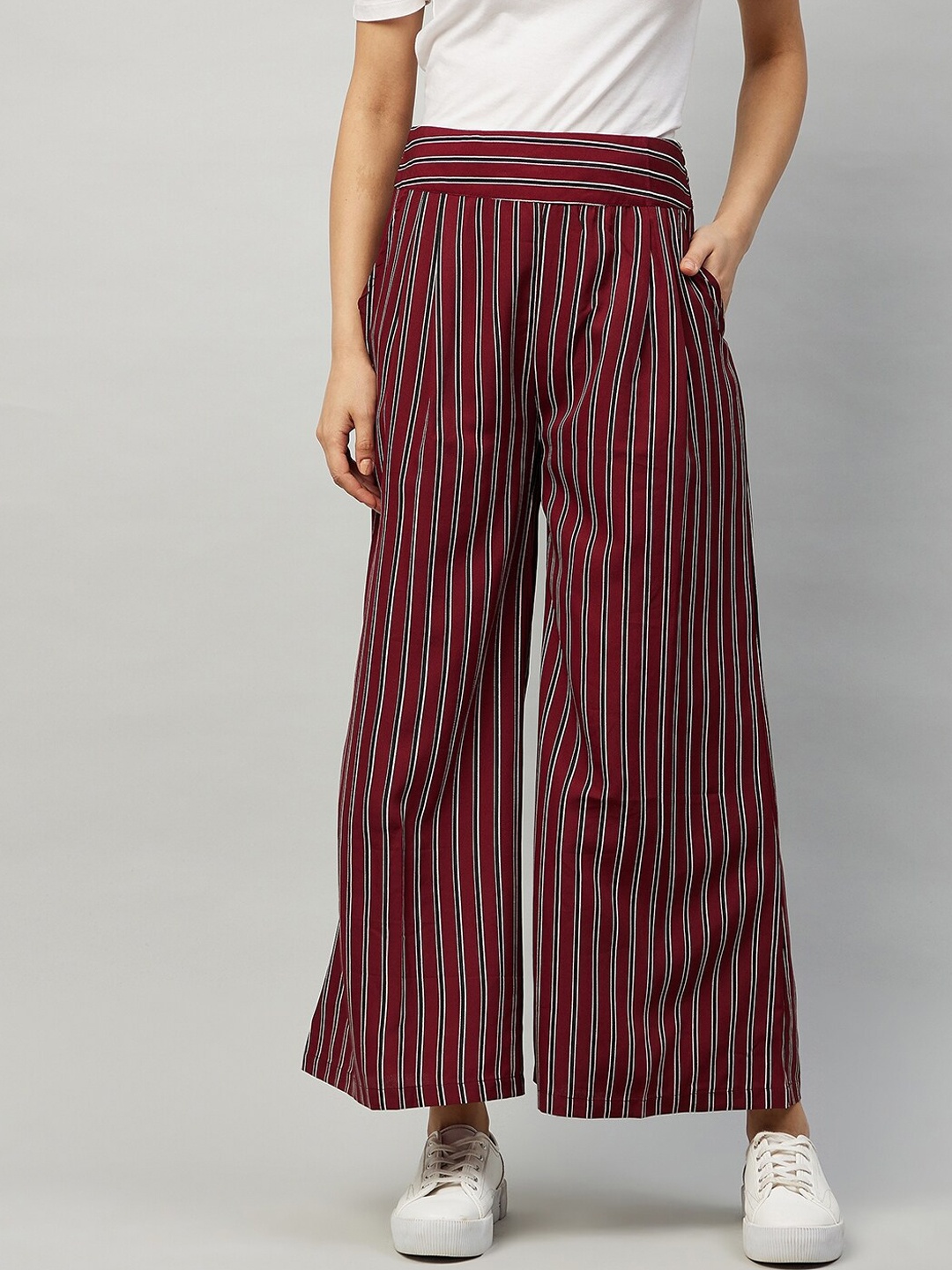 

RARE Women Maroon Striped Loose Fit High-Rise Pleated Trousers