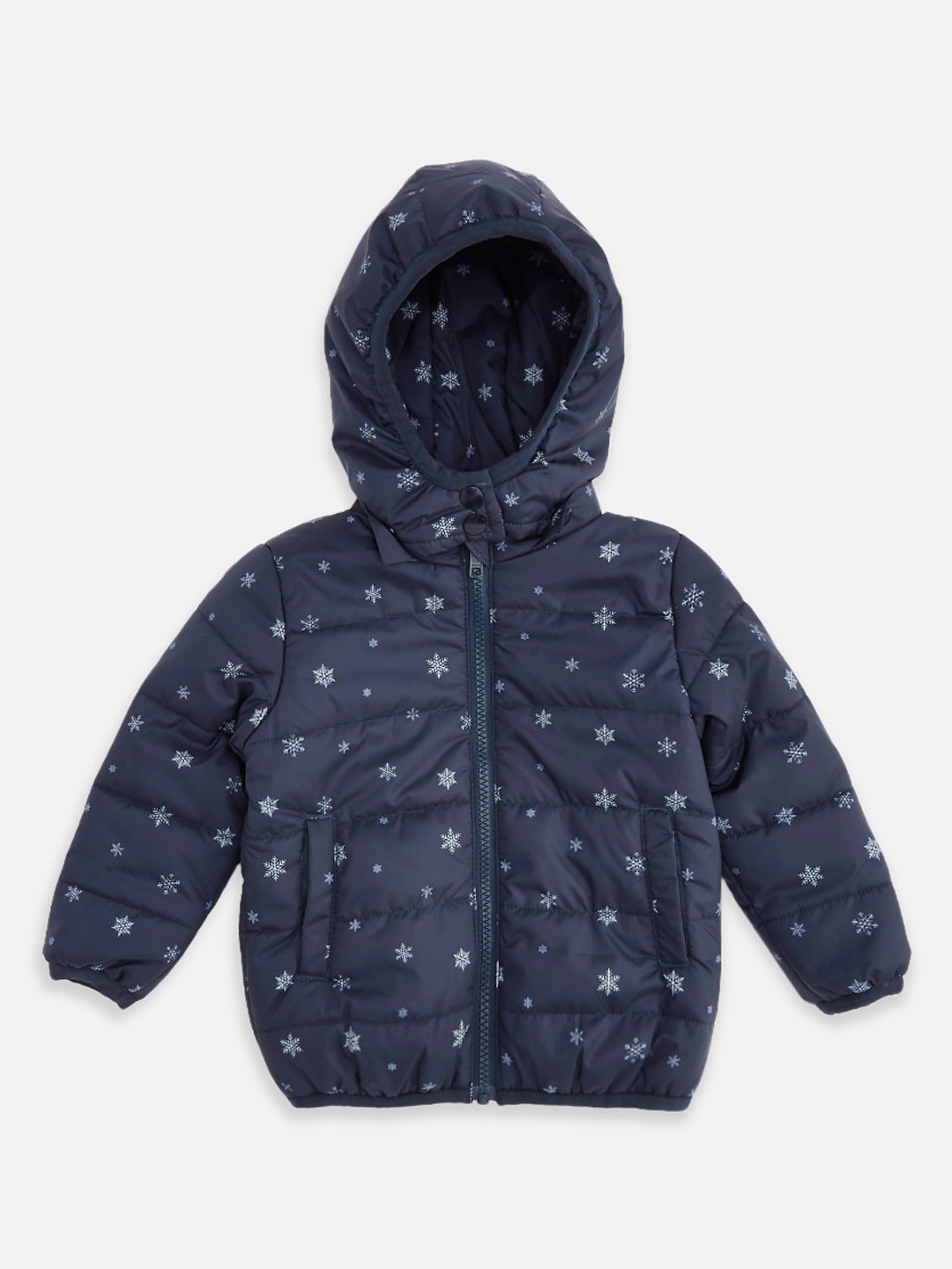 

Pantaloons Baby Girls Navy Blue Snow Printed Hooded Padded Jacket